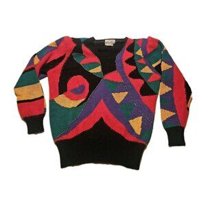 Wool Vintage Colorful Abstract Colorblock Rhinestone Knit Sweater